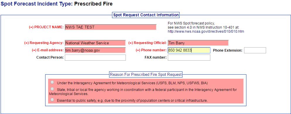 SPOT Forecast Contact Info. Required fields are highlighted in red.