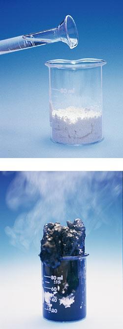 Figure 3 The top photo shows table sugar, a white solid, being mixed with sulfuric acid, a clear liquid.