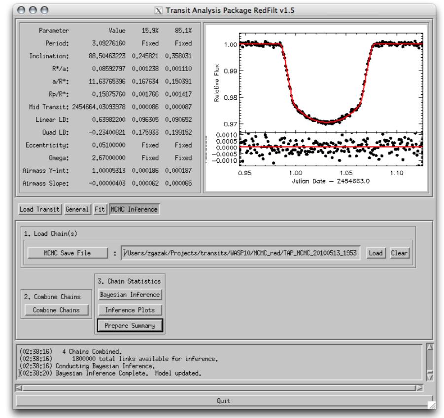 Figure 1: Screenshot from the software Transit Analysis Package (TAP) [Gazak et al., 2012] that uses Bayesian inference and MCMC to discover exoplanets.