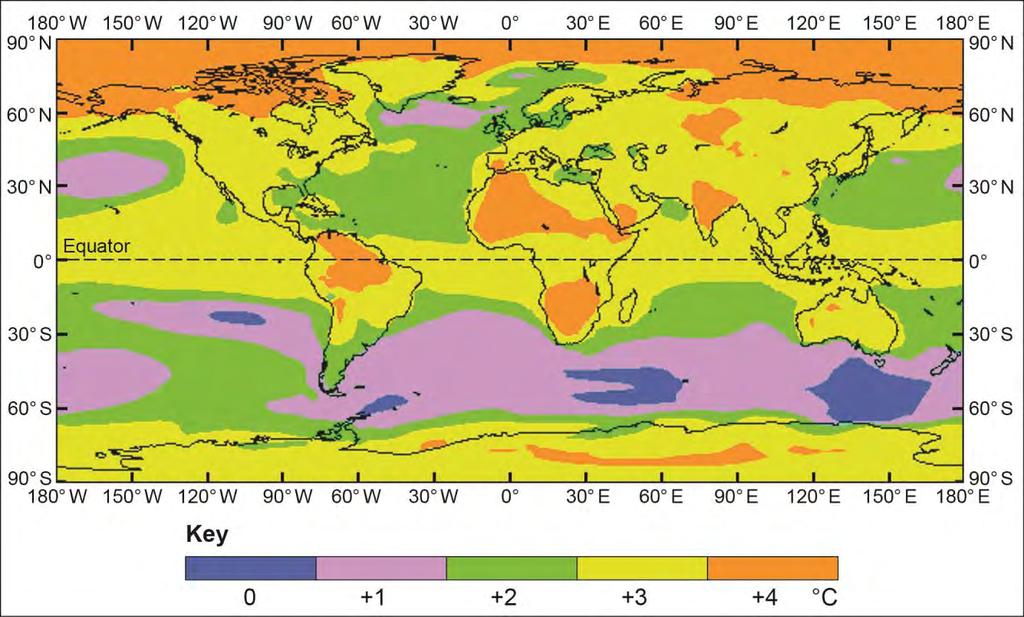 4 Study Figure 2, a map showing how global surface temperatures might change by 2070. Figure 2 0 1. 3 Using Figure 2, which two of the following statements are true? Shade two circles only.