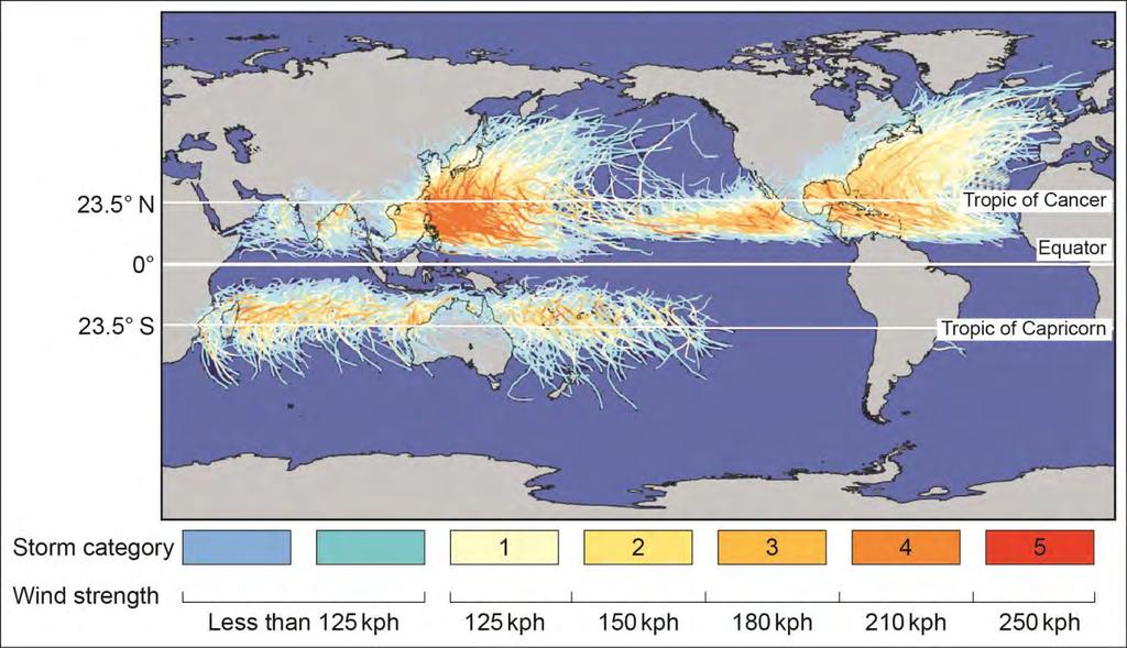 6 Study Figure 3, a world map showing the tracks and strengths of tropical storms. Figure 3 0 1. 5 Complete the following sentences.