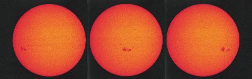 Figure 7 Sunspots are bright, but when viewed against the rest of the photosphere, they appear dark. Notice how these sunspots move as the Sun rotates. Describe the Sun s direction of rotation.
