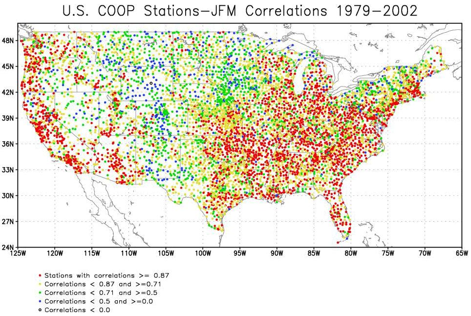 Figure 1b. Seasonal correlations between Climate Division time series and COOP station time series during Jan-Mar 1979-2002 (for precipitation).