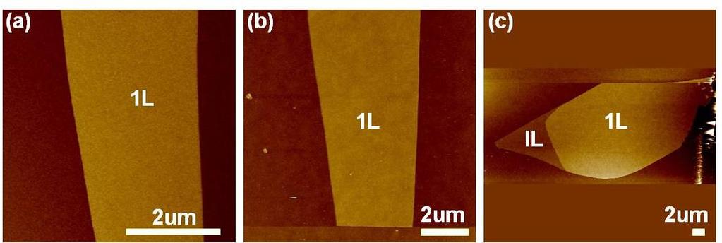 Supplementary Figure 8 AFM images of 1L C 8 -BTBT grown on graphene. The samples in (a) and (b) are completely covered by 1L of C 8 -BTBT as determined from the total thickness of the sample.