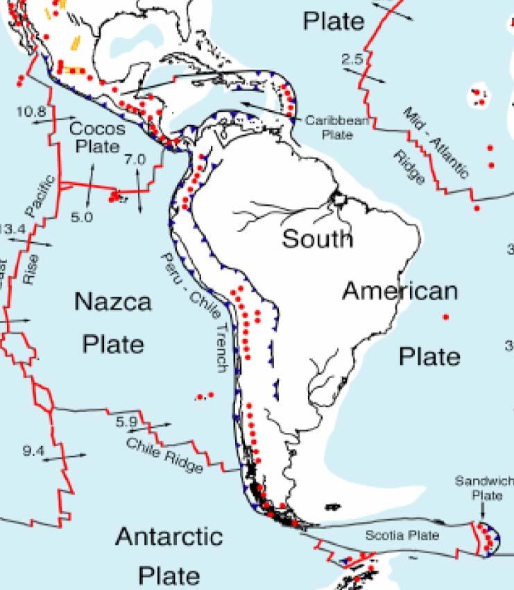 Middle America Trench (<6600m) Trenches around Latin America Puerto Rico Trench (<8605m) Peru-Chile Trench