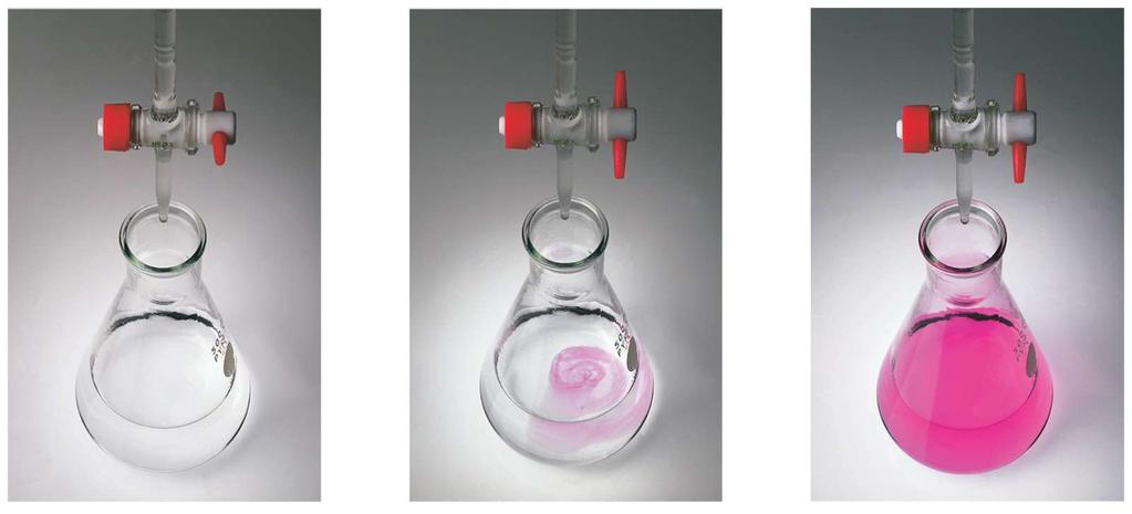 Titration Using Phenolphthalein Indicator Left: acidic solution with indicator added Center: end point - very slight pink color Right: pink color after
