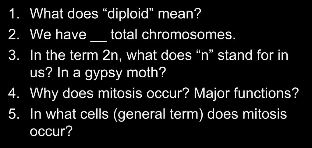 Mitosis Questions 1. What does diploid mean? 2. We have total chromosomes. 3.