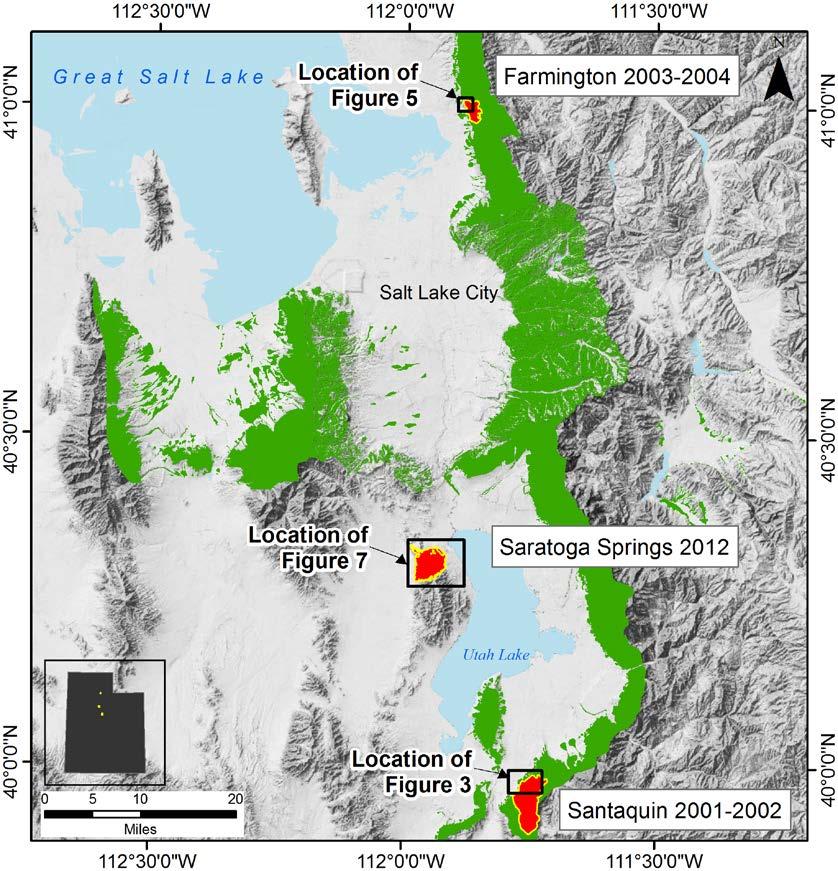 Figure 2. Base map showing debris flow hazard areas (green) and fire perimeters (red) for the three case studies along the Wasatch Front, northern Utah.