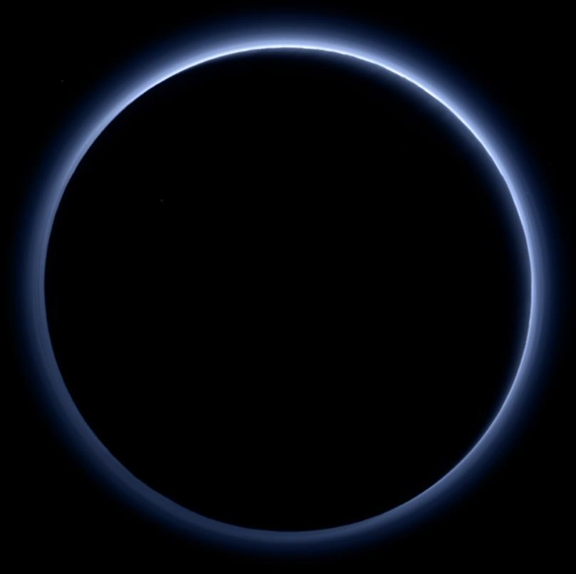 13 Pluto s atmosphere Pluto's haze layer shows its blue color in this picture taken by the New Horizons Ralph/Multispectral Visible Imaging Camera (MVIC).