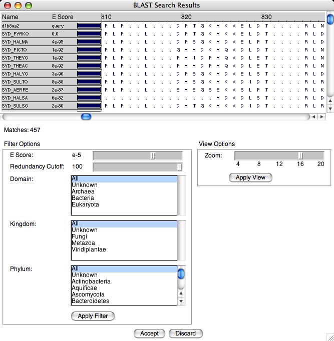 3 COMPLETE EVOLUTIONARY PROFILE OF ASPRS 28 Figure 12: Blast Search Results Dialog 3.2 Organizing Your Data At this point you may be overwhelmed by all of the data in the MultiSeq program window.