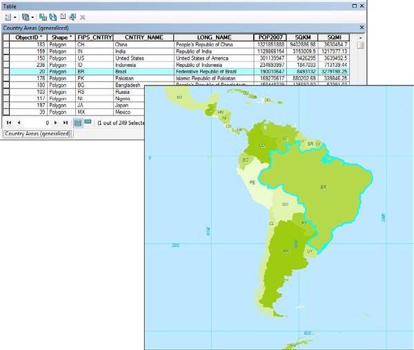 Basic GIS principles Brazil is highlighted in the attribute table of countries, and it is similarly highlighted on the map.