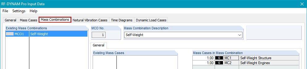 The check box from self-weight of structure is cleared because the self-weight is already considered in LC. The two self-weight mass cases are combined in a Mass Combination using factors of.
