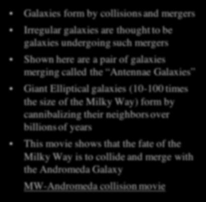 a pair of galaxies merging called the Antennae Galaxies Giant Elliptical