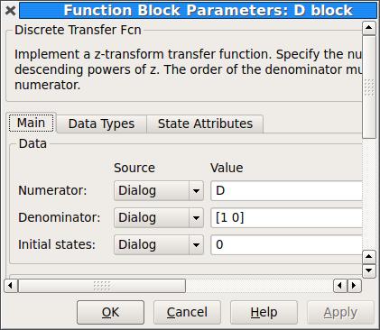 Export Transfer Functions to Simulink % Controller blocks D = [d_0 d_1 ] D_block = tf( D,[1 0],h); fprintf('\nblock D positive notation') D_block.variable = 'z' % D = 76.