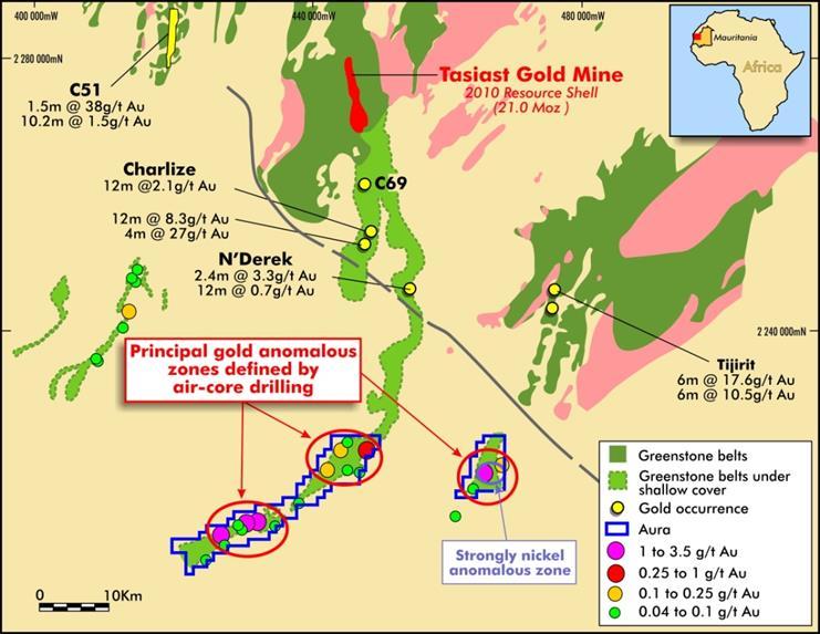 Gold Prospects The highly prospective gold areas that make up the Tasiast South gold project are spread over two under-explored mineralised greenstone belts in Mauritania (See Fig 2) representing an