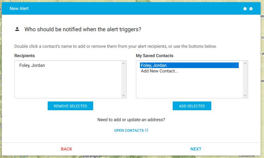 Alert Configuration: Contacts The next page allows the user to configure the contacts for their new alert.
