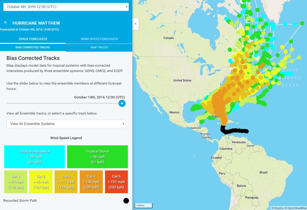 ProWxAlerts Hurricane: Tracks Forecast Tracks Once a storm is selected, the user is immediately taken to Track Forecasts, with the option of viewing Bias Corrected Tracks or Raw Tracks Raw Tracks