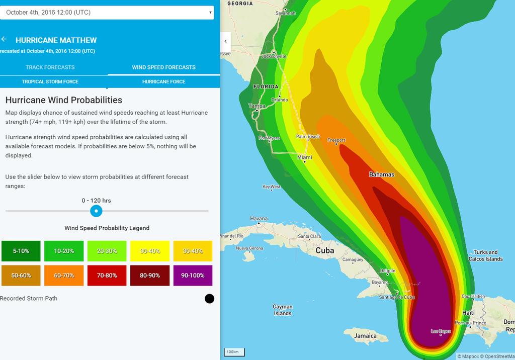 ProWxAlerts Probabilities Hurricane: Wind Forecast Winds The user may toggle to Wind Speed Forecasts for a particular storm Once selected, the user can view Tropical Storm Force wind probabilities