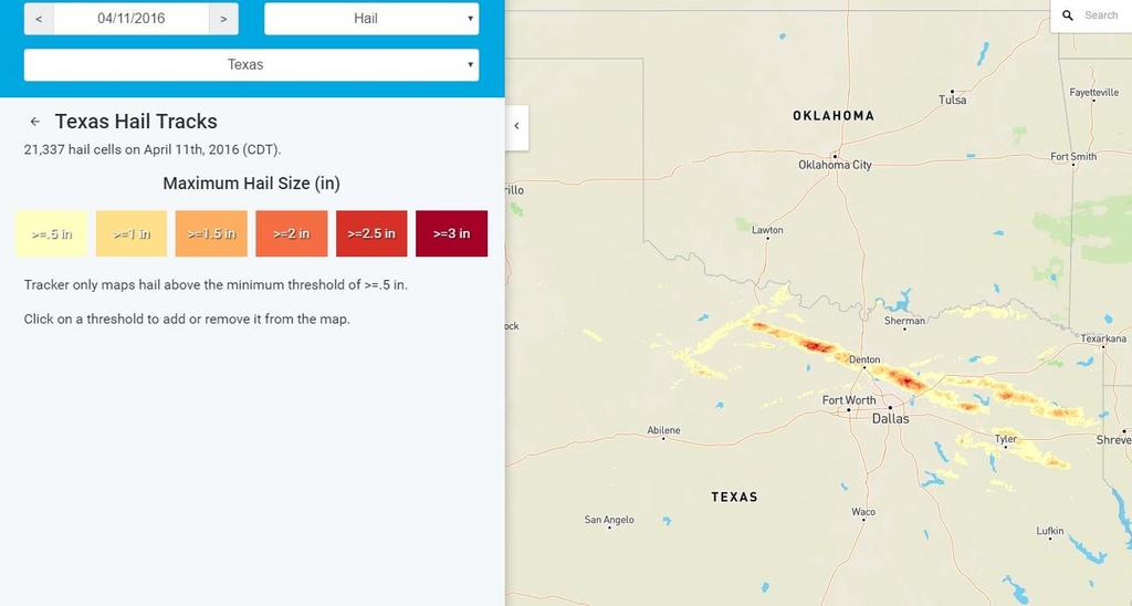 hail data, for the particular state, with an interactive