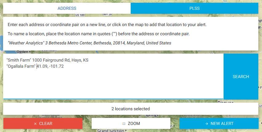 Alert Configuration: Location Selection Alerts The top sidebar selection, Alerts, allows users to configure new alerts and edit existing alerts Locations can be added by
