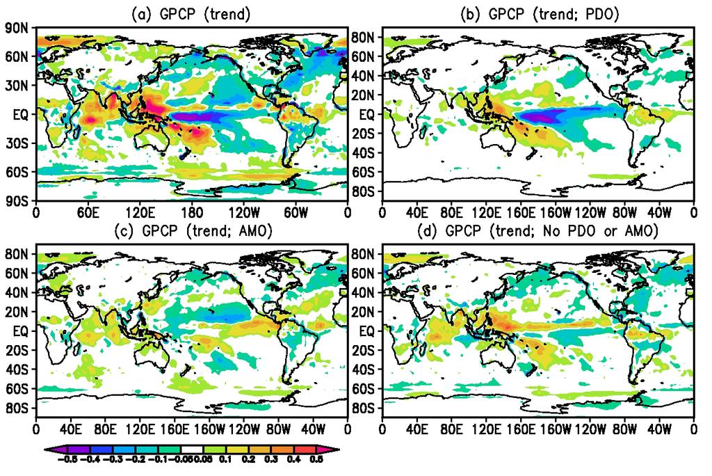 Precipitation Trend Patterns During Satellite Era GPCP Observed PDO AMO No PDO or AMO Estimate of Global Warming