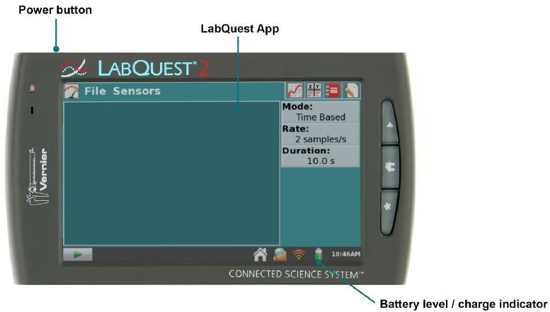 APPENDIX 4 TECHNICAL NOTES ON VERNIER LABQUEST2 INTERFACE 1 Once the LabQuest interface is connected to AC power or the battery has been charged, press the power button located on the top of the