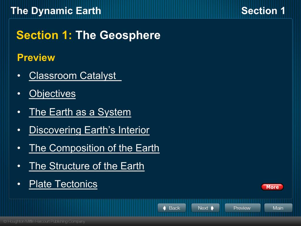 Section 1: The Geosphere Preview Classroom Catalyst Objectives The Earth as a System