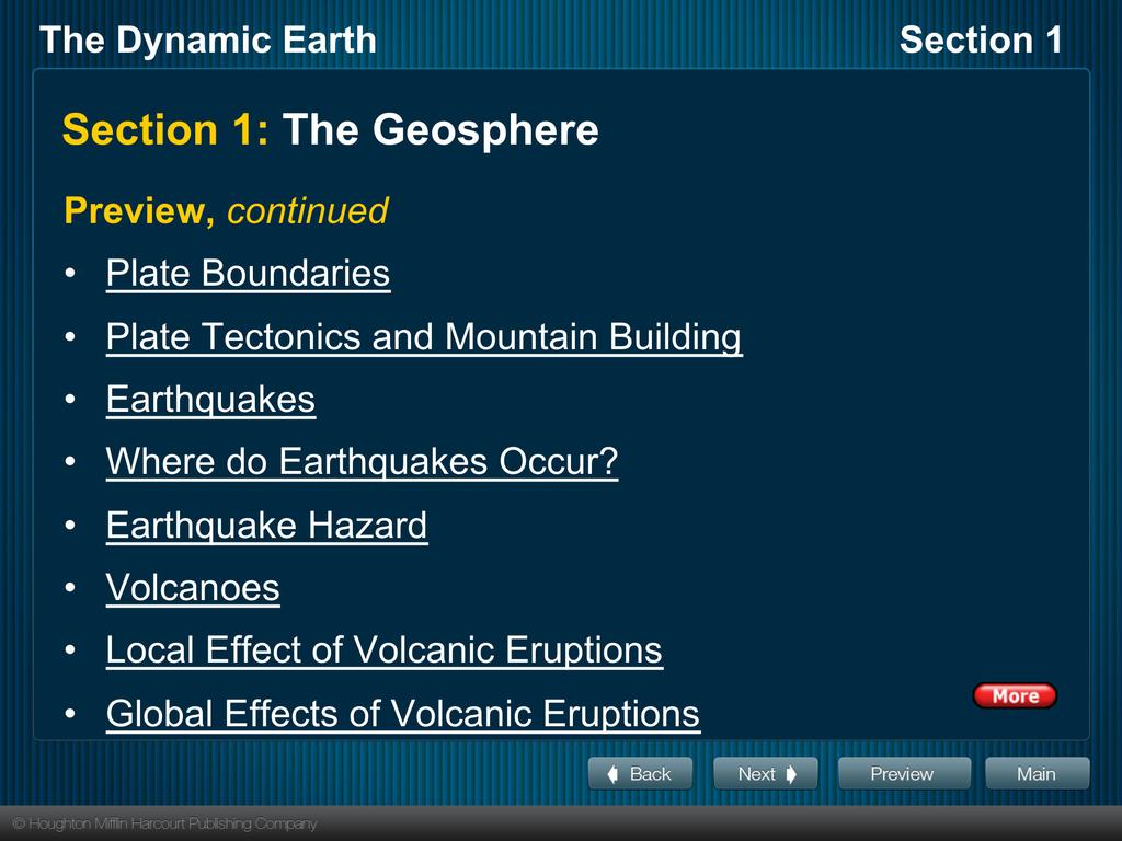 Section 1: The Geosphere Preview, continued Plate Boundaries Plate Tectonics and Mountain Building Earthquakes Where