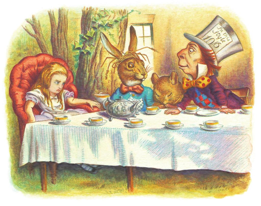 CHAPTER 7 The tea party Outside the house, Alice saw a table under a tree. The March Hare and the Mad Hatter were sitting at it, drinking tea. A fat Dormouse sat between them with his eyes closed.