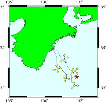 2010/10/16 16:59(JST) Kumano-nada (M=2.3) DONET data (Sea bottom) NanTro SEIZE area :Earthquake Epicenter Location:33.3N, 136.9E Depth:47.