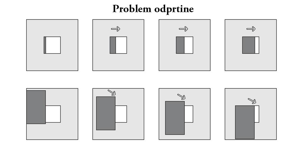 Slika 2.4: Problem odprtine - Skozi odprtino vidimo da se nek objekt premika iz leve proti desni (zgornja vrstica), vendar ne moremo zaznati da se objekt hkrati premika navzdol (spodnja vrstica).