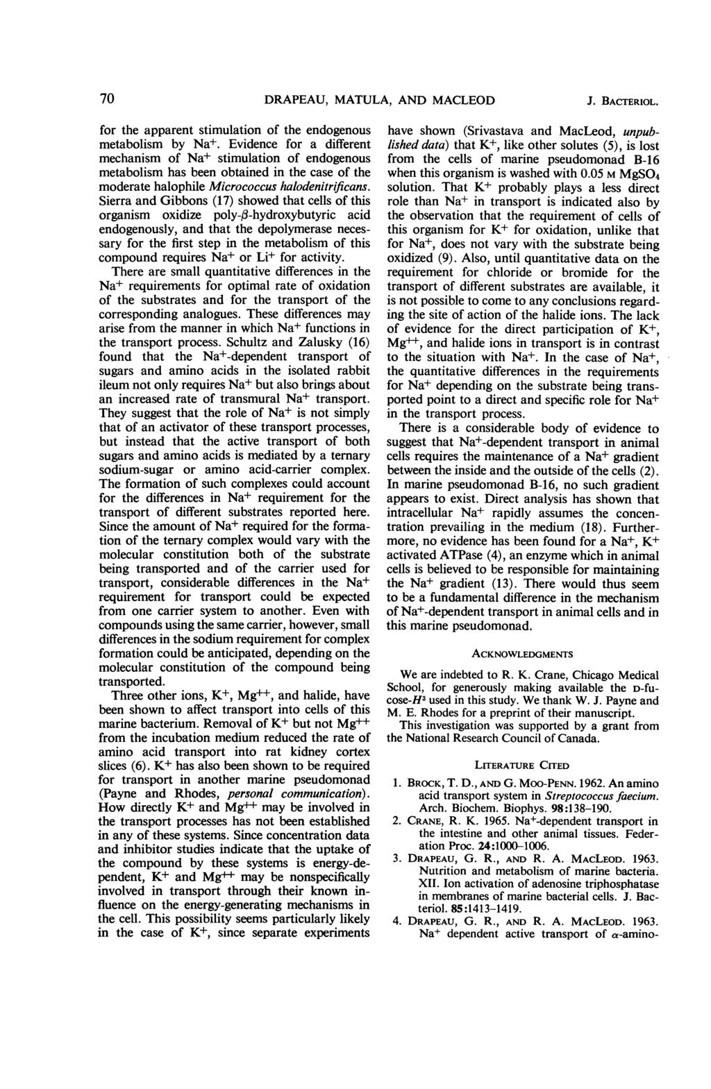 70 DRAPEAU, MATULA, AND MACLEOD J. BACTERIOL. for the apparent stimulation of the endogenous metabolism by Nat.