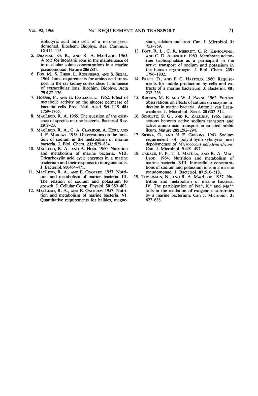 VOL. 92, 1966 Na+ REQUIREMENT AND TRANSPORT 71 isobutyric acid into cells of a marine pseudomonad. Biochem. Biophys. Res. Commun. 12:111-115. 5. DRAPEAU, G. R., AND R. A. MACLEOD. 1965.