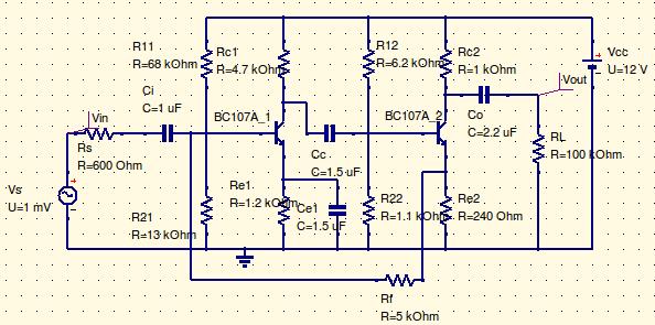 With Feedback Design Equations: 1. Select the transistors which has higher cutoff frequency of 1MHz Design for Second Stage 2. Choose I C2 =5mA, Vcc=12, V CE2 = Vcc /2, V E2 = Vcc/10, S=5 3.
