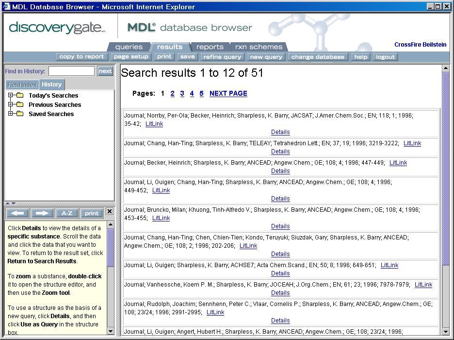 Citation Searching in CrossFire Beilstein 1-27 Search results The results tab show the publications retrieved that