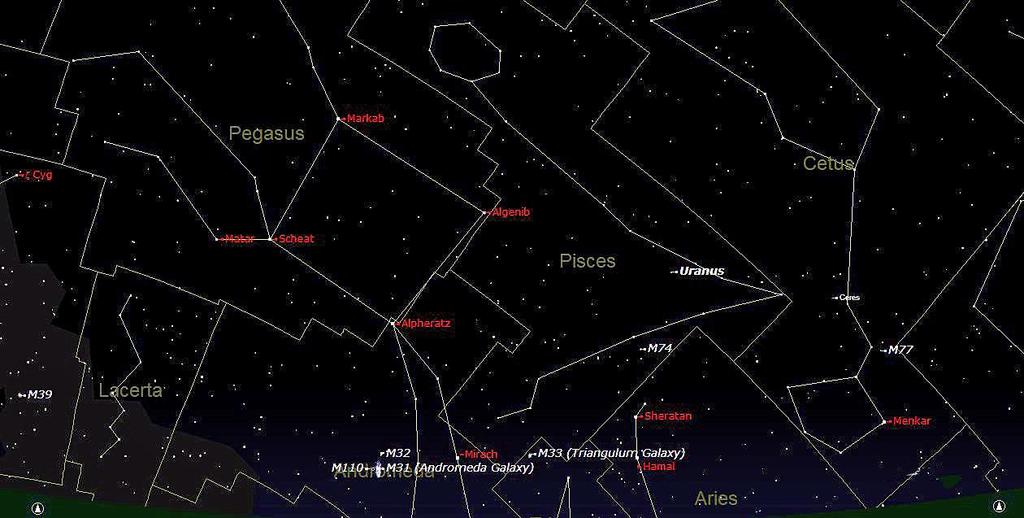 Vertically above Saturn you can also see Mars in the constellation of Sagittarius. It is surrounded by the rich number of Messier objects which are to be found in that region of the sky.