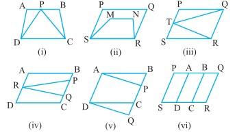 Triangles with equal bases and equal areas have equal corresponding altitudes, The area of a triangle is equal to one-half of the area of a rectangle/parallelogram of the same base and between same