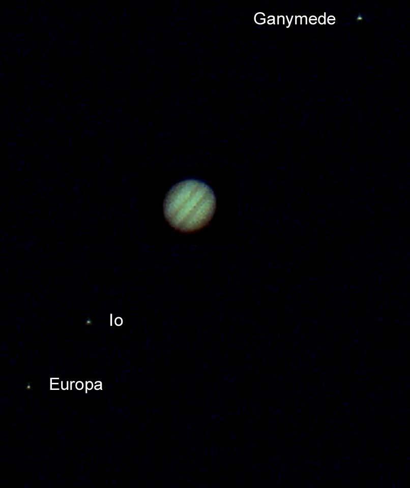 Jupiter and 3 of the Galilean satelites (only Callisto is missing from this amateur photograph)