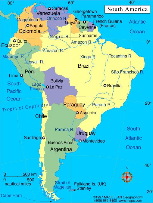 Map of South America continent Countries, islands in South America continent Argentina Bolivia Brazil Chile Colombia