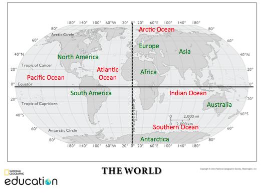 Continents and Oceans (Use an atlas if needed) Label the 7 continents and 5 oceans on the map below. Draw a SOLID LINE to separate the Northern and Southern hemispheres.