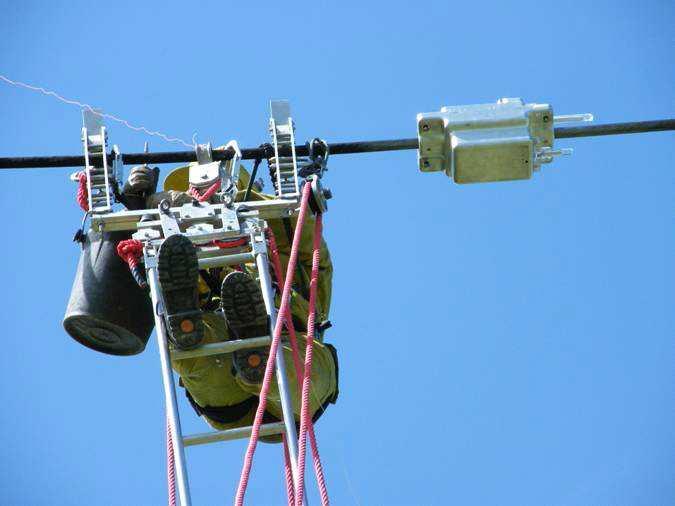 Romain and Didier, from Fabricom GTI (Belgium) during off line installation of the sensor on a 400 kv