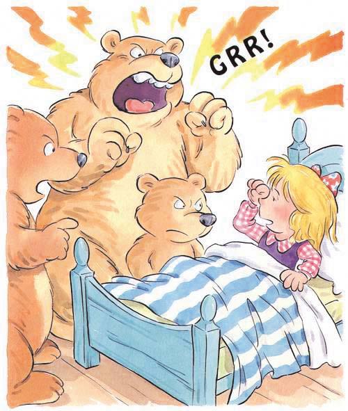 Father Bear is very angry. Mother Bear is angry too. And Baby bear is very upset. " Let's look in the living room," says Father Bear. The three bears go into the living room. "Look!" says Father Bear. "There is porridge on my chair.
