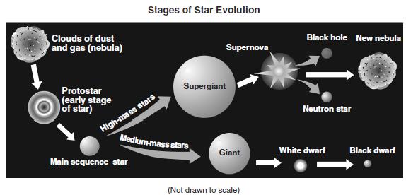 Base your answers to questions 14 through 17 on the diagram below and on your knowledge of Earth science. The diagram represents two possible sequences in the evolution of stars. 14. Which process generates the energy that is released by stars?