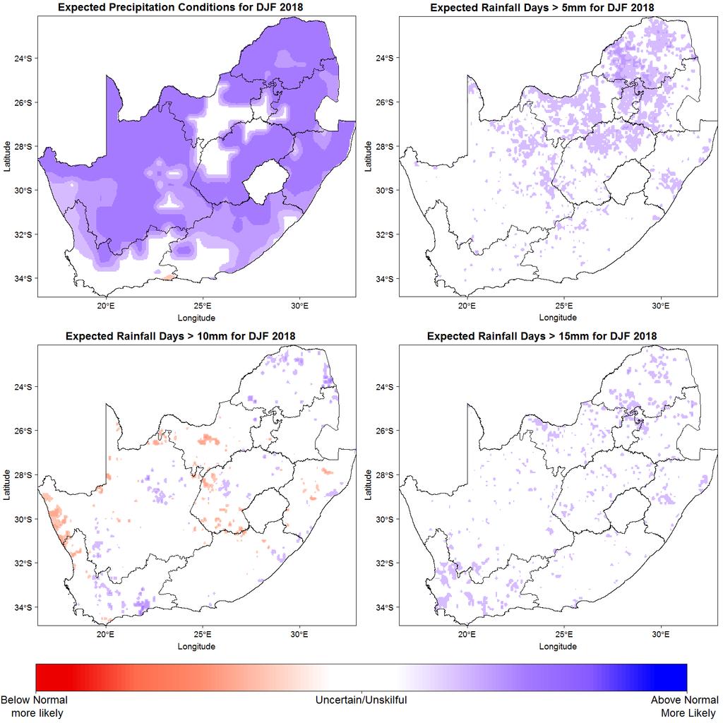 Figure 2: Rainfall forecasts for Dec-Jan-Feb 2018, showing chances for total precipitation (top left), frequency of rainfall days