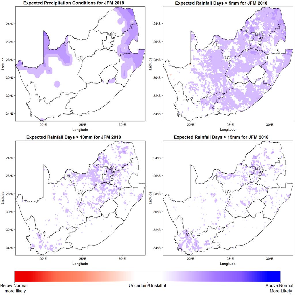Figure 3: Rainfall forecasts for Jan-Feb-Mar 2018, showing chances for total precipitation (top left), frequency of rainfall days