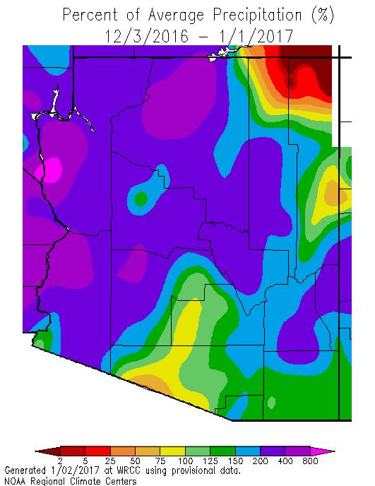 Daytime temperatures were within 1 o F of normal in the western counties, 1 to 4 o F warmer than normal in central and eastern Arizona, and 4 to 6 o F warmer than normal in Apache and Navajo
