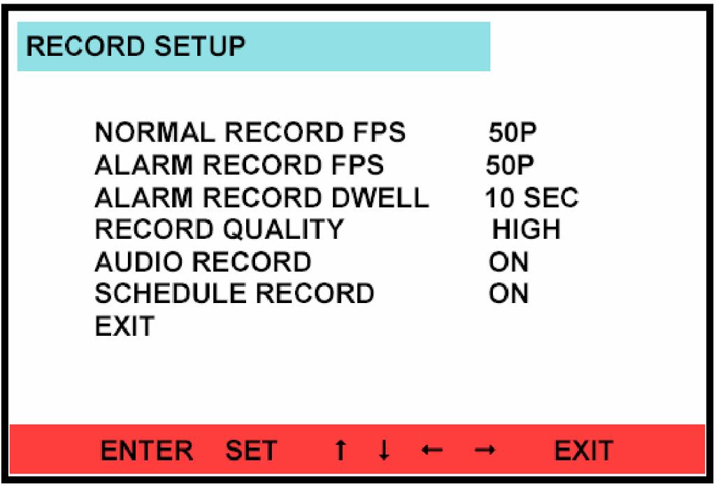 4.4 (RECORD SETUP) RECORD SETUP : (1) NORMAL RECORD FPS:.. : 50, 25, 12, 5, 1, 0,5, 0,2 0.