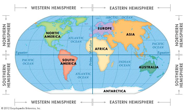 A hemisphere is half of a sphere, or ball. People use the word to describe one half of earth. Geographers, or people who study earth, have divided the planet into two sets of two hemispheres.