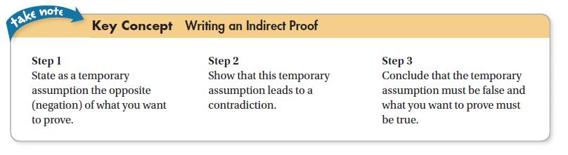 5.5: Indirect Proof 1) What are you trying to prove? 2) What is the opposite of what you are trying to prove? 3) What is the first step of this proof then?