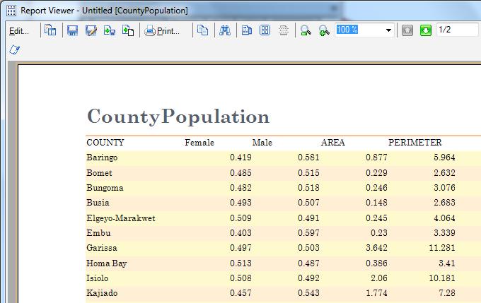 A report of the counties (Figure 4) was generated from the attribute table and exported in excel sheet for further editing and presentation. Figure 4: County Population Report.